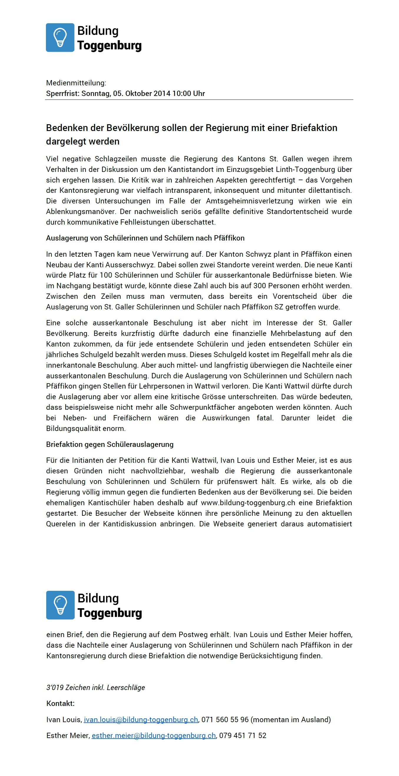 Medienmitteilung Kanti Wattwil: Bedenken der Bevölkerung sollen der Regierung mit einer Briefaktion dargelegt werden (Sonntag, 05.10.2014)