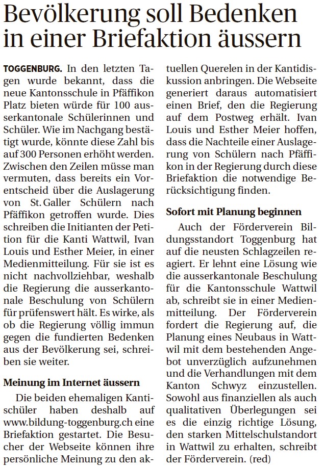 Bevölkerung soll Bedenken in einer Briefaktion äussern (Montag, 06.10.2014)