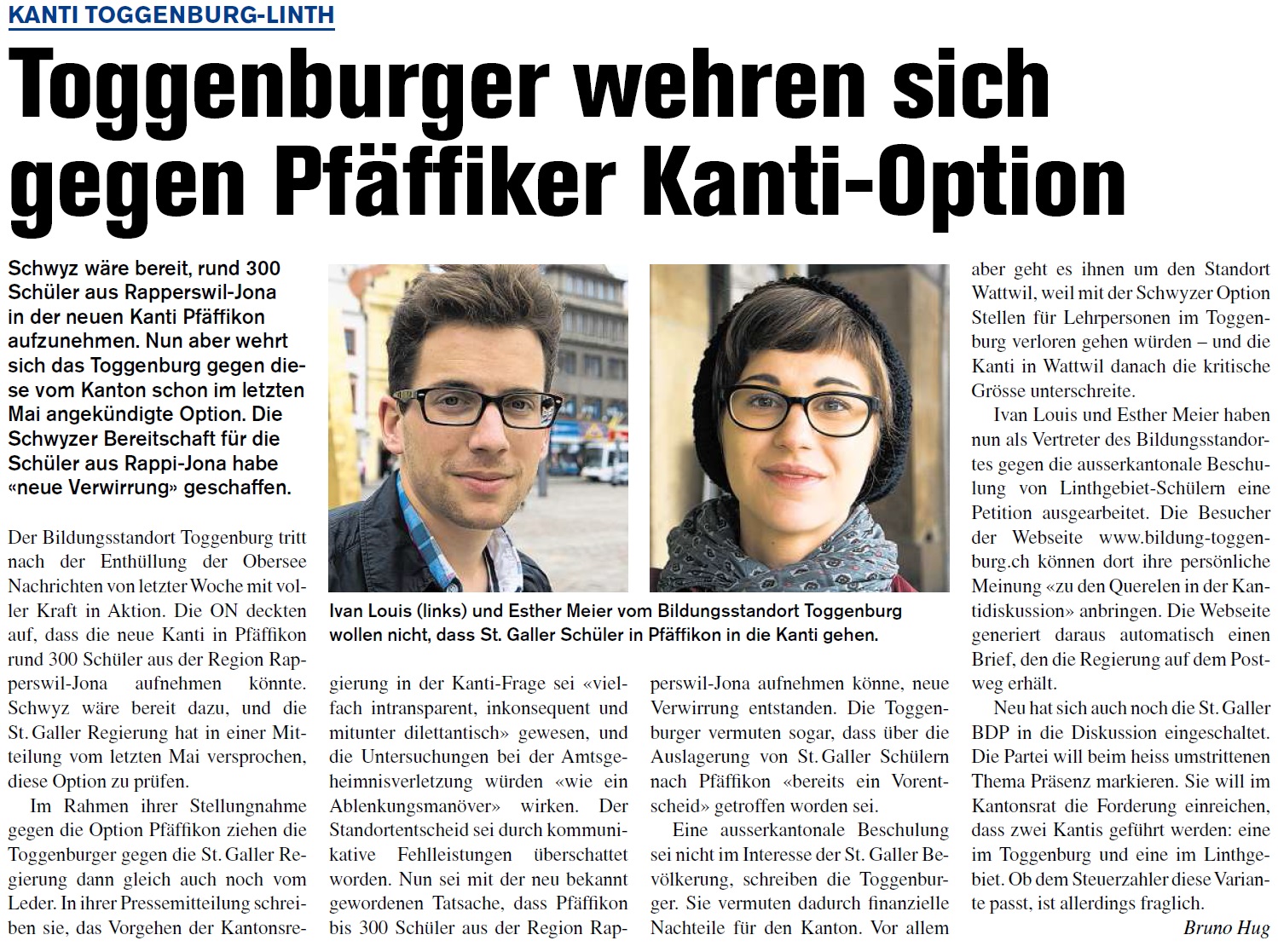 Toggenburger wehren sich gegen Pfäffiker Kanti-Option (Donnerstag, 09.10.2014)