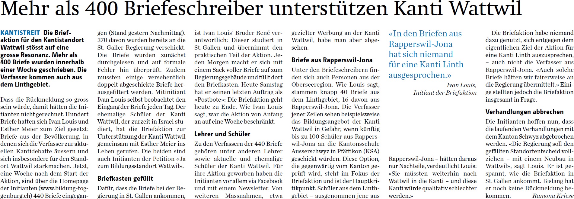 Mehr als 400 Briefeschreiber unterstützen Kanti Wattwil (Samstag, 11.10.2014)