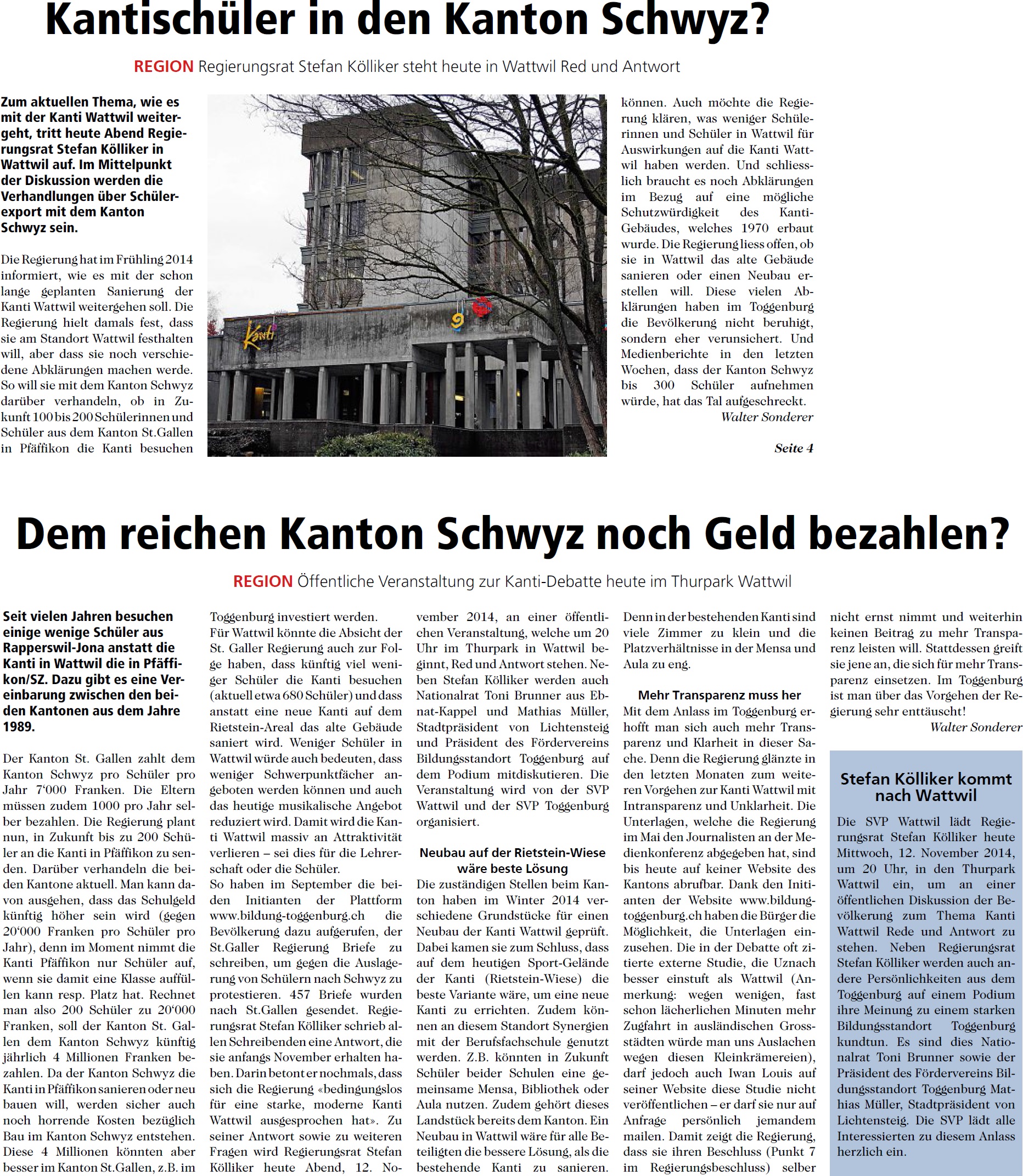 Kantischüler in den Kanton Schwyz? (Mittwoch, 12.11.2014)