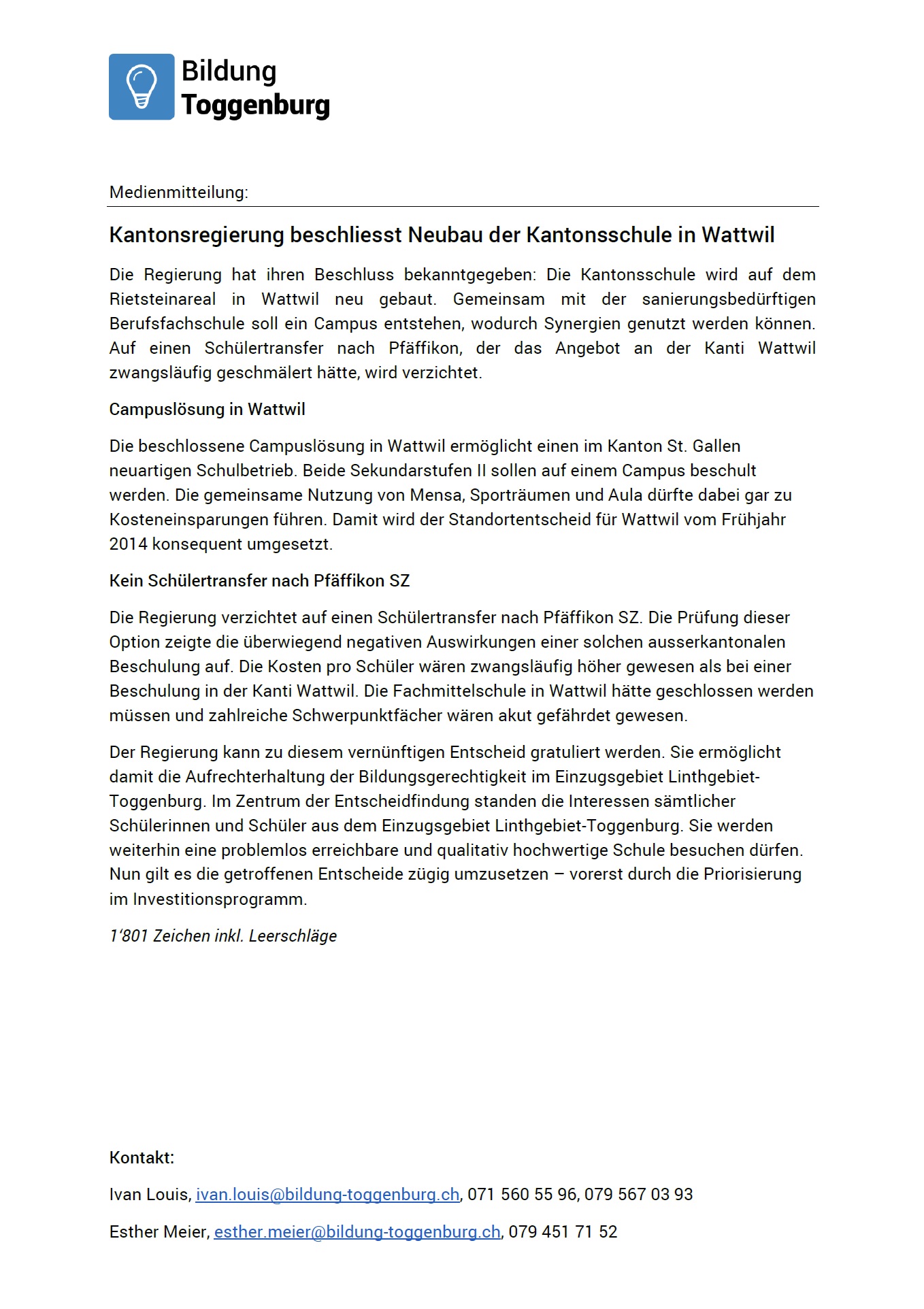 Medienmitteilung: Neubau der Kantonsschule in Wattwil (Montag, 30.03.2015)