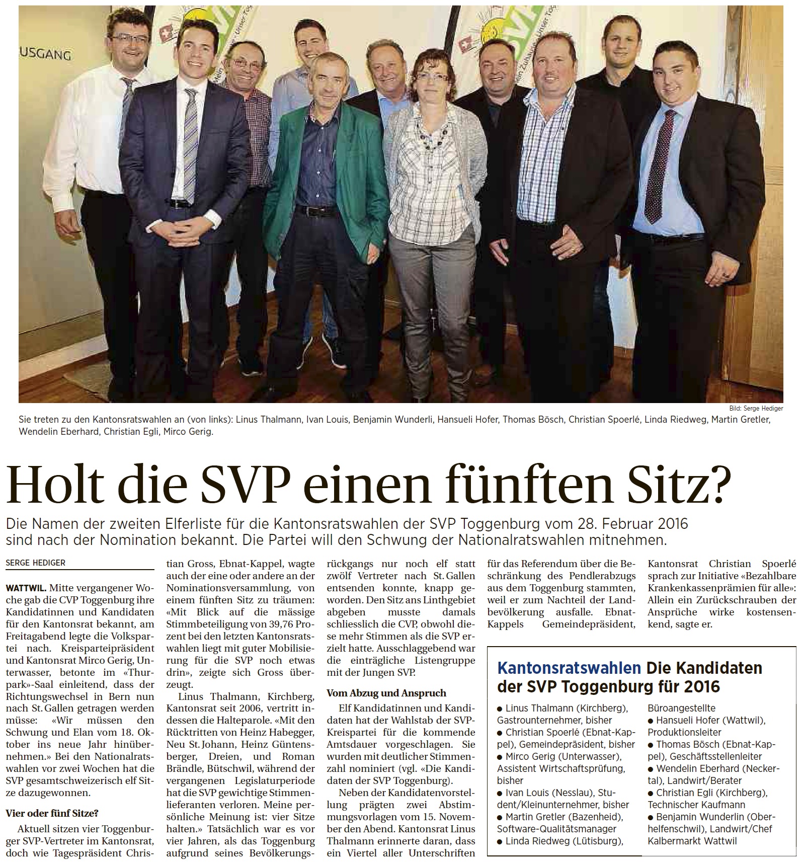 Holt die SVP einen fünften Sitz? (Mittwoch, 04.11.2015)