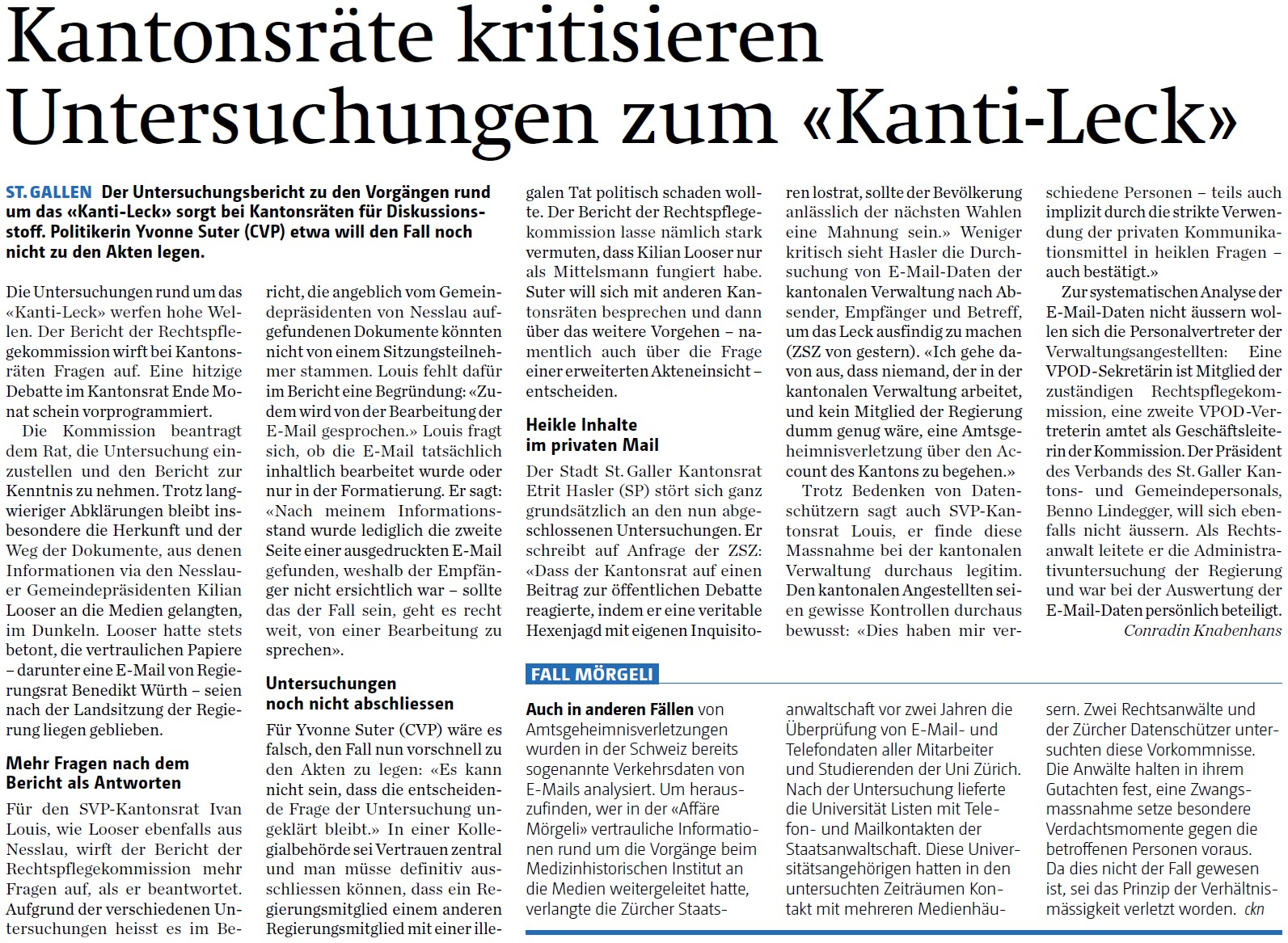 Kantonsräte kritisieren Untersuchungen zum «Kanti-Leck» (Freitag, 20.11.2015)