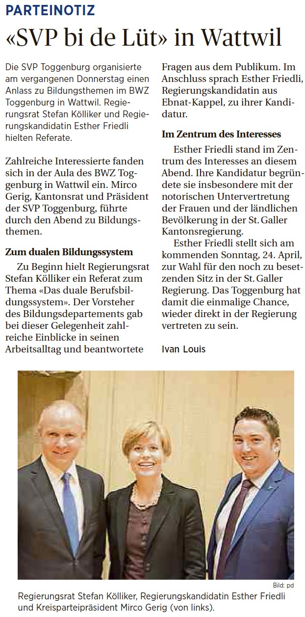 Esther Friedli als Toggenburger Vertretung in der Regierung (Mittwoch, 20.04.2016)