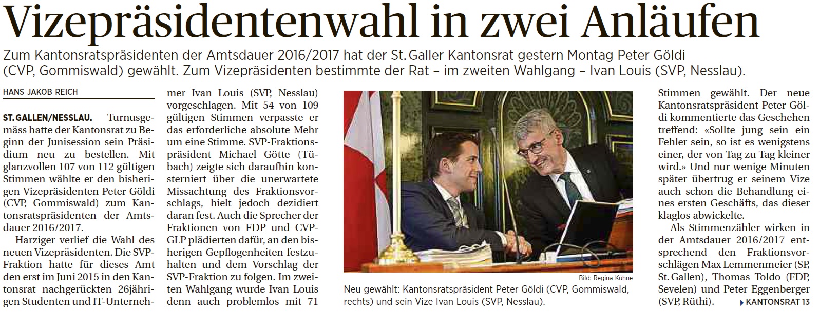 Wahl zum Kantonsratsvizepräsidenten (Montag, 06.06.2016)