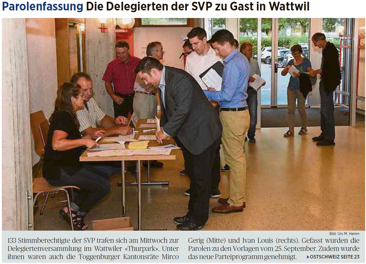 Parolenfassung: Die Delegierten der SVP zu Gast in Wattwil (Montag, 05.09.2016)
