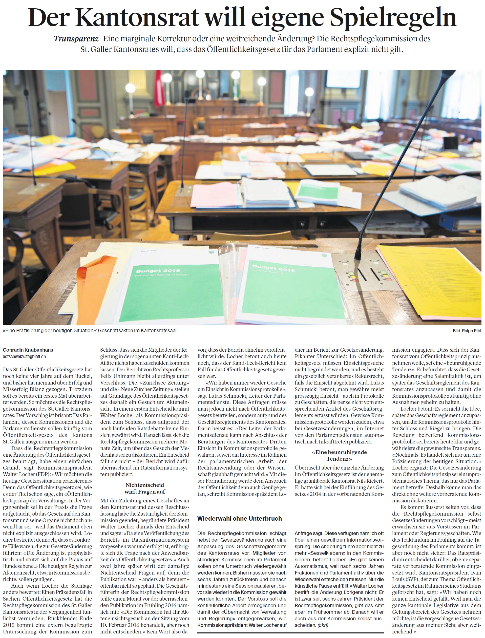 Der Kantonsrat will eigene Spielregeln (Samstag, 17.02.2018)