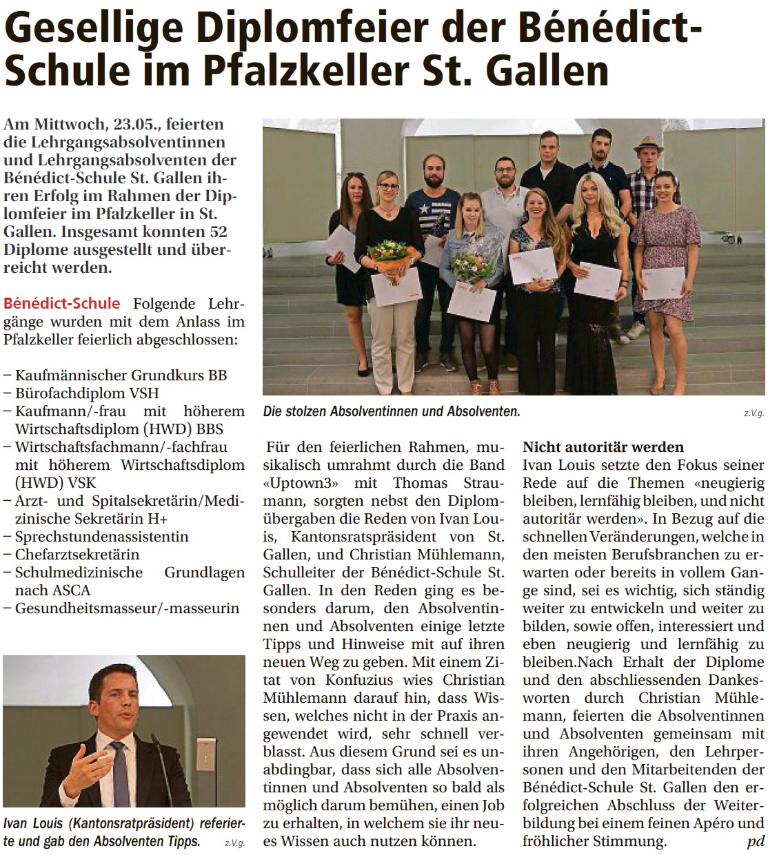 Gesellige Diplomfeier der Bénédict-Schule im Pfalzkeller St. Gallen (Mittwoch, 30.05.2018)