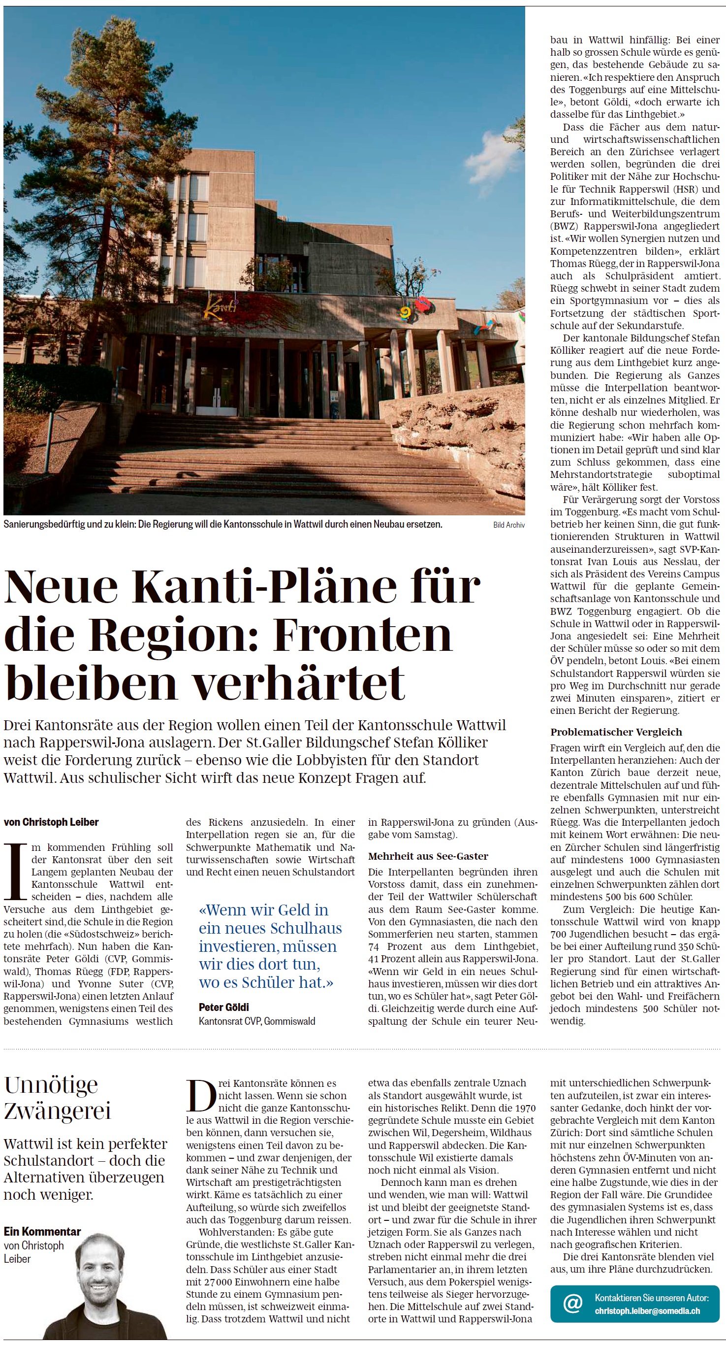 Neue Kanti-Pläne für die Region: Fronten bleiben verhärtet (Dienstag, 19.06.2018)