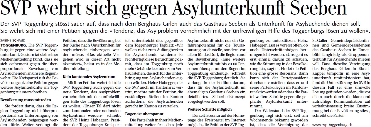 SVP wehrt sich gegen Asylunterkunft Seeben (Mittwoch, 28.03.2012)