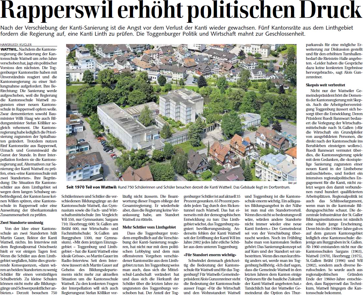 Zur Diskussion um den Schulstandort: Rapperswil erhöht politischen Druck (Mittwoch, 12.06.2013)