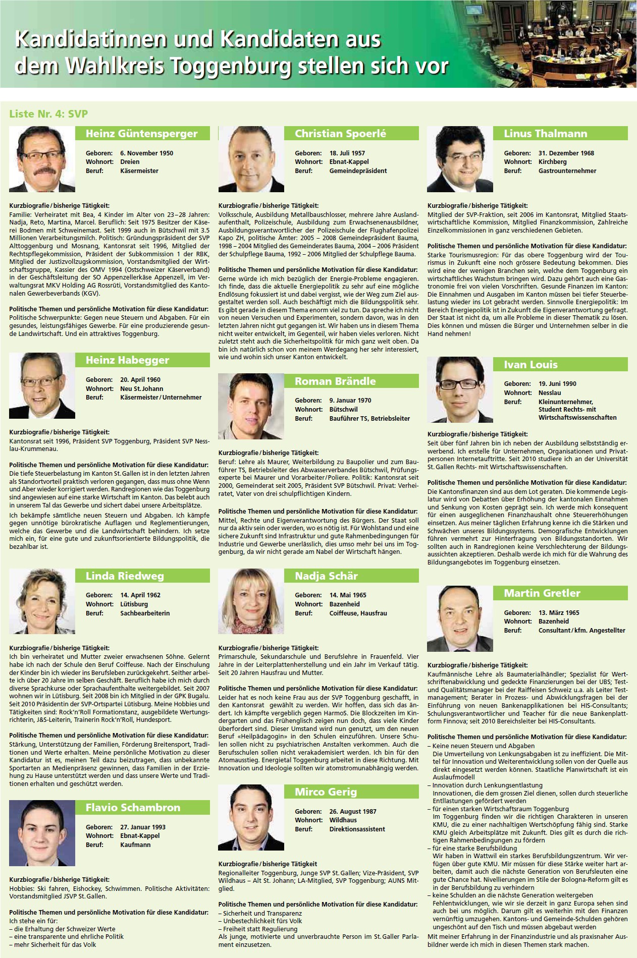 Beilage Toggenburger Nachrichten / Toggenburger Tagblatt mit Kantonsratskandidaten (Freitag, 10.02.2012)