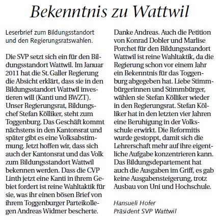 Leserbrief von Hansueli Hofer: Vernunft abseits vom Wahlkampf (Mittwoch, 29.02.2012)