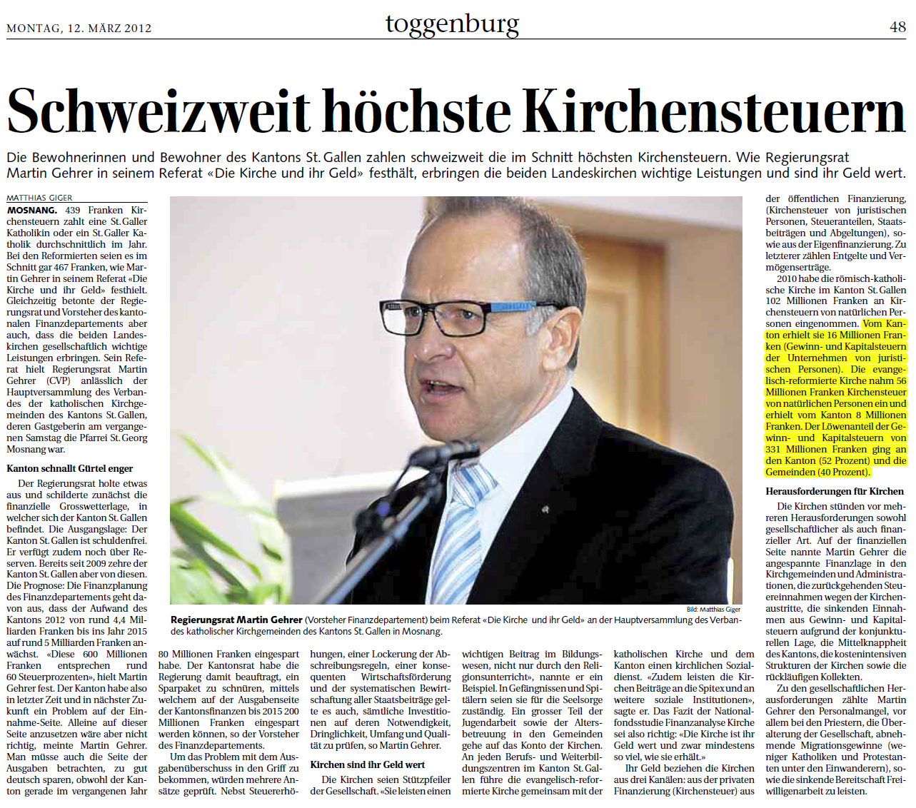 Schweizweit höchste Kirchensteuern (Montag, 12.03.2012)