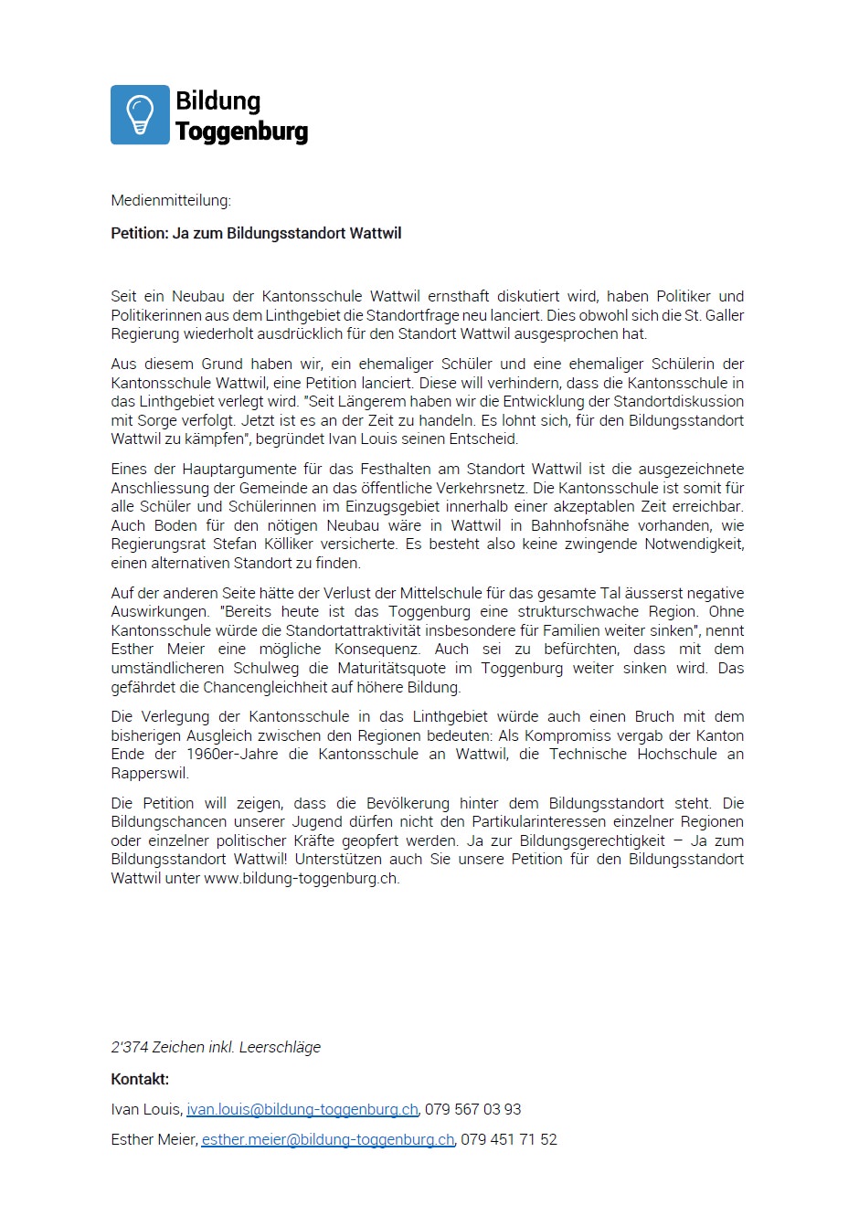 Medienmitteilung: Ja zum Bildungsstandort Wattwil (Sonntag, 23.02.2014)