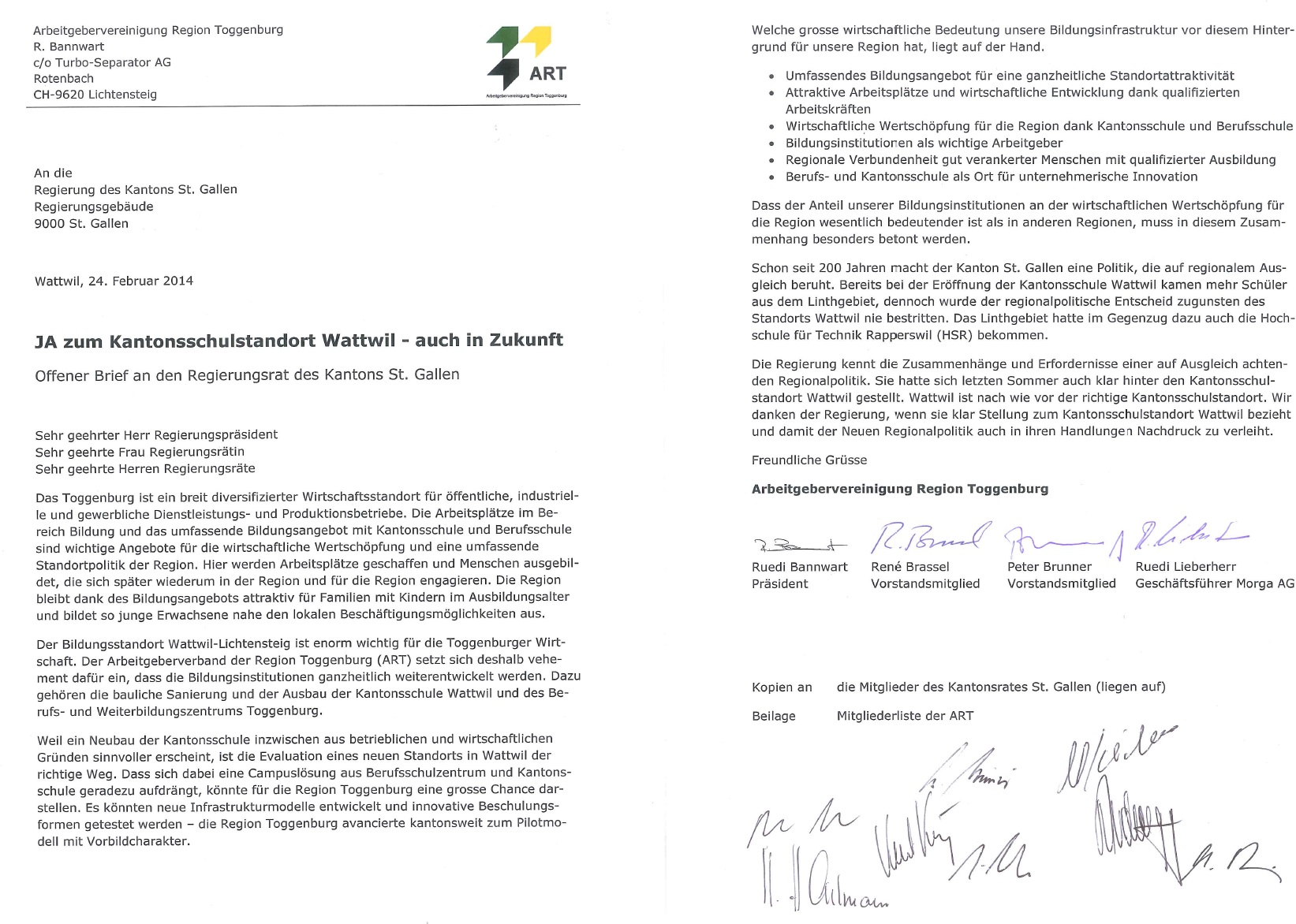 Offener Brief: JA zum Kantonsschulstandort Toggenburg - auch in Zukunft (Dienstag, 25.02.2014)