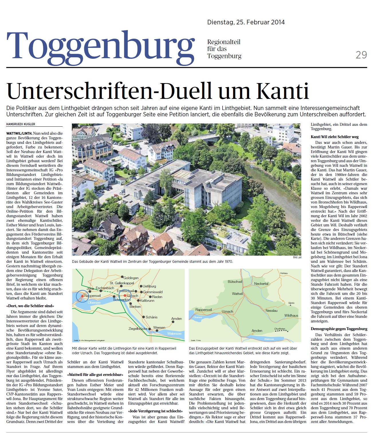 Unterschriften-Duell um Kanti (Dienstag, 25.02.2014)