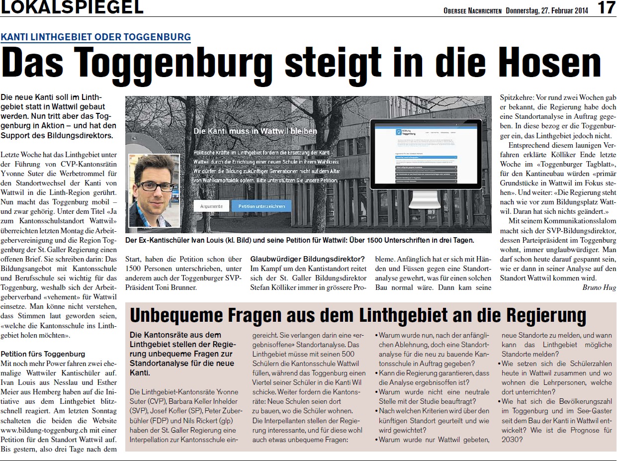 Kanti Linthgebiet oder Toggenburg: Das Toggenburg steigt in die Hosen (Donnerstag, 27.02.2014)
