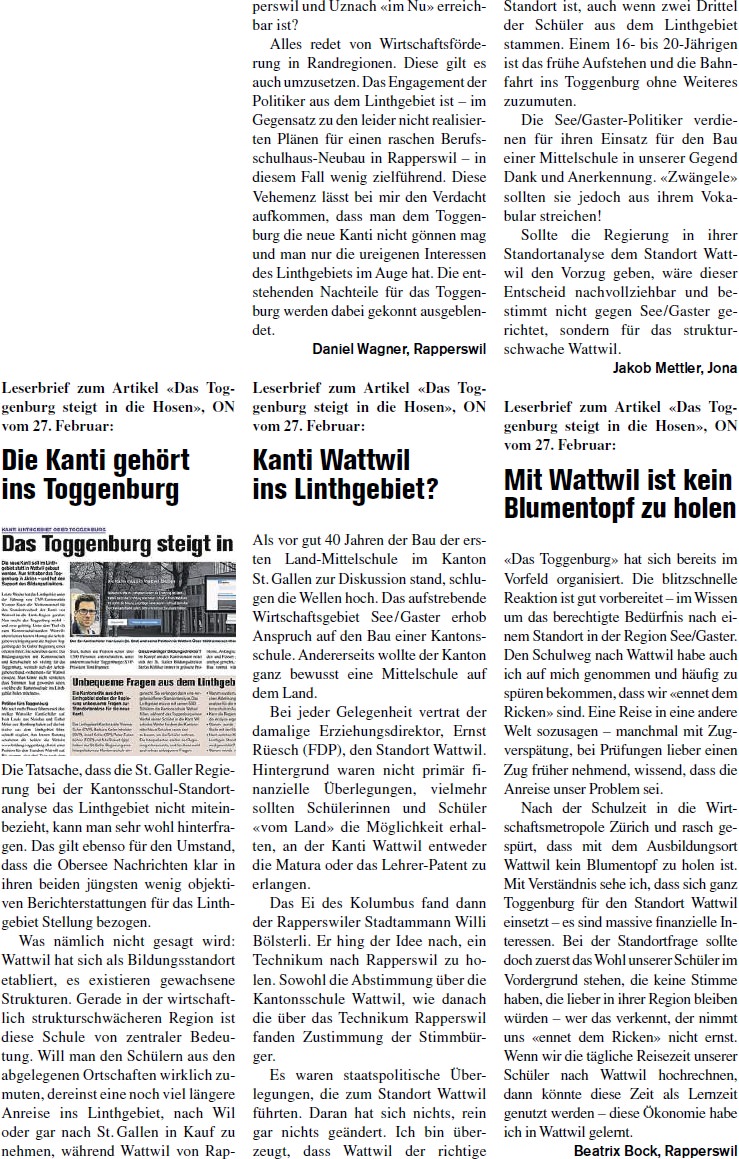 Leserbriefe zum Artikel «Das Toggenburg steigt in die Hosen» (Donnerstag, 06.03.2014)