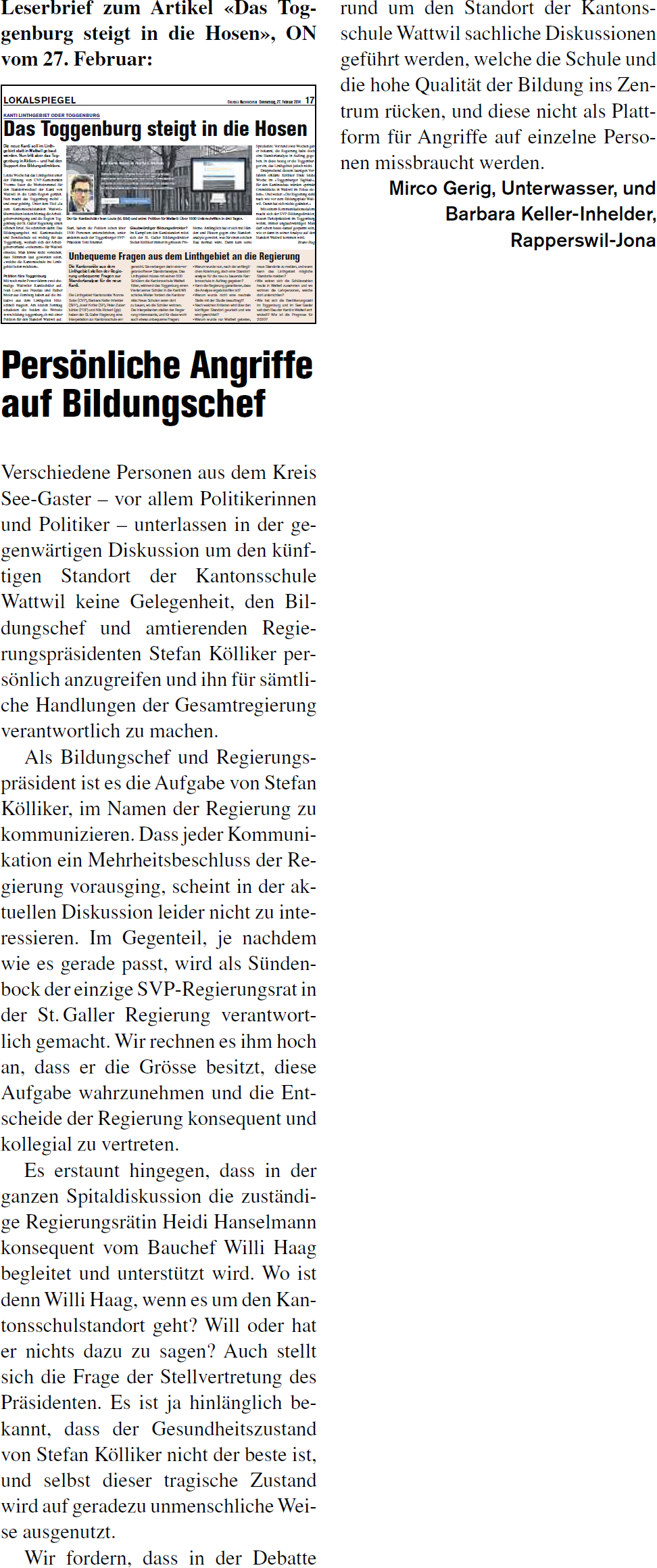 Persönliche Angriffe auf Bildungschef (Donnerstag, 13.03.2014)