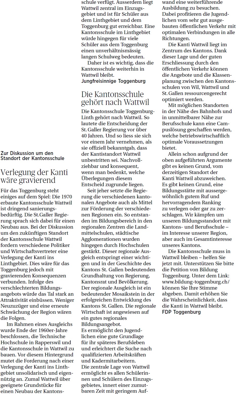 Die Kantonsschule gehört nach Wattwil (Freitag, 14.03.2014)