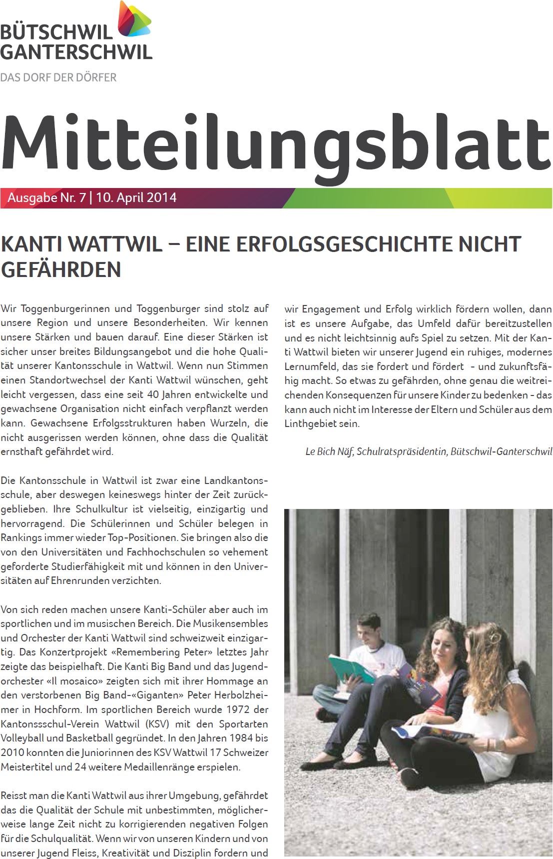 Kanti Wattwil - eine Erfolgsgeschichte nicht gefährden (Donnerstag, 10.04.2014)