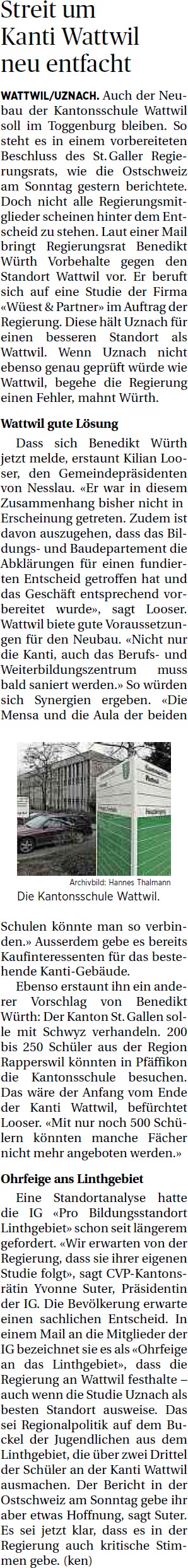 Streit um Kanti Wattwil neu entfacht (Montag, 28.04.2014)