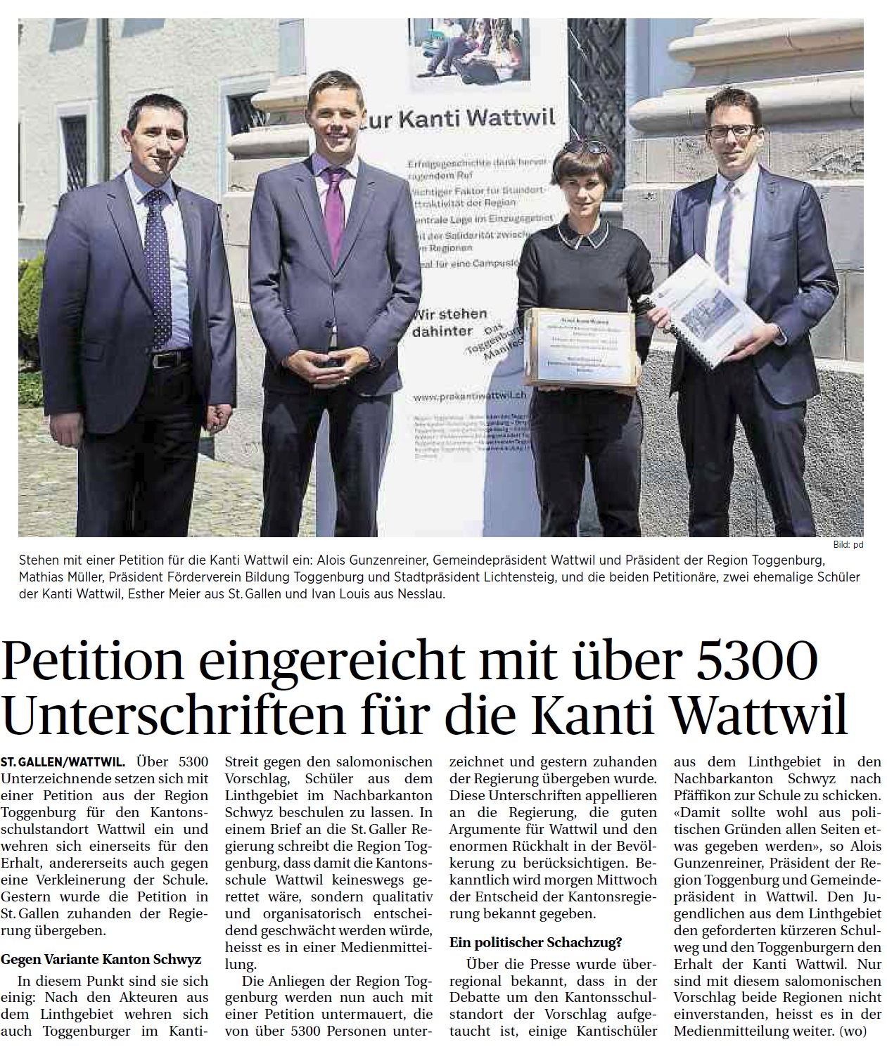 Petition eingereicht mit über 5300 Unterschriften für die Kanti Wattwil (Dienstag, 06.05.2014)