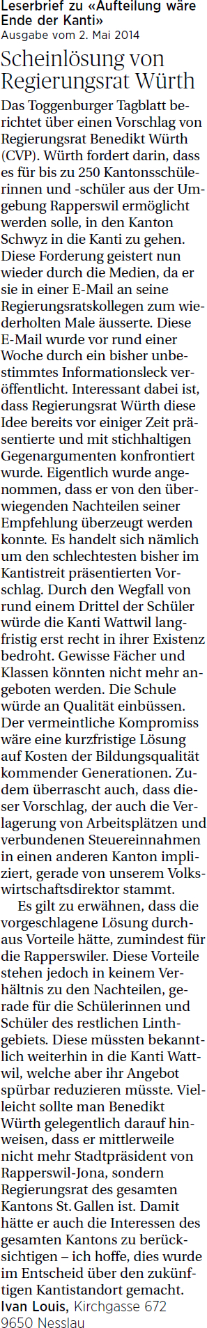 Scheinlösung von Regierungsrat Würth (Mittwoch, 07.05.2014)